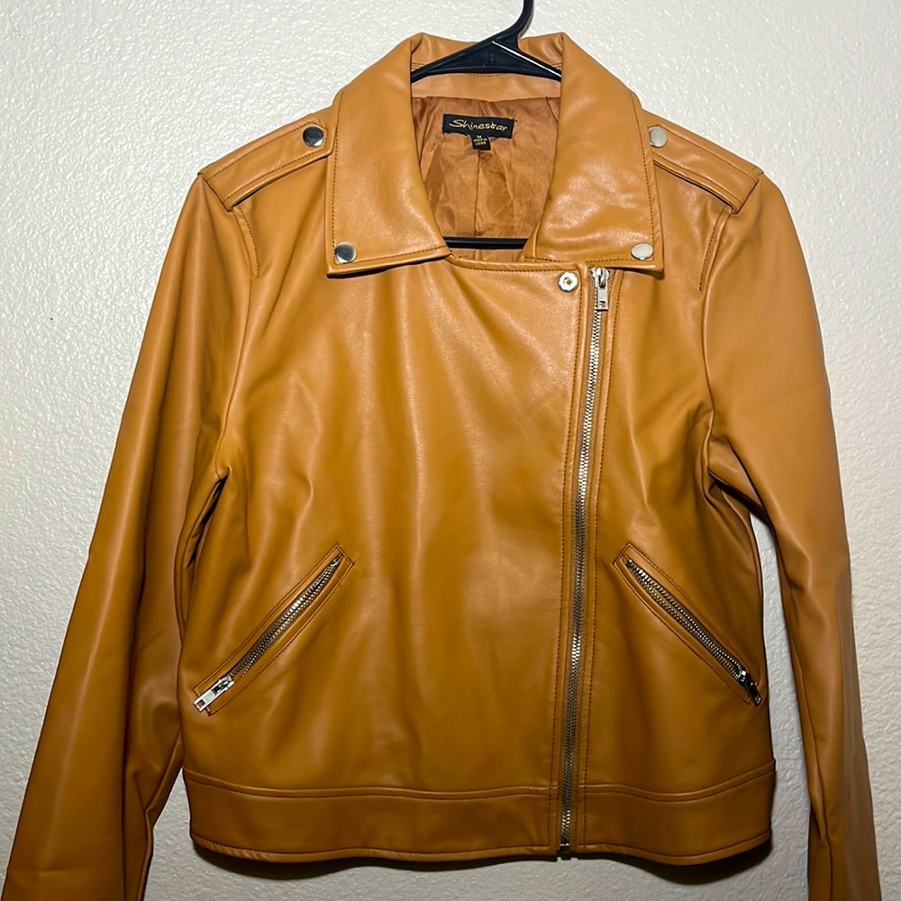 Womens Tan Shinestar full zip leather jacket (size M)